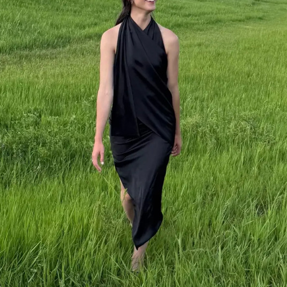 Arias Black Satin Halter Gown Size 2 Cocktail Asymmetric Ruched Maxi Dress $850 - Picture 2 of 11